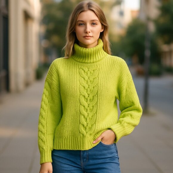 NWT Vero Moda  Cable Knit  Mock Neck Turtleneck Sweater  Lime Green Small - Picture 1 of 9
